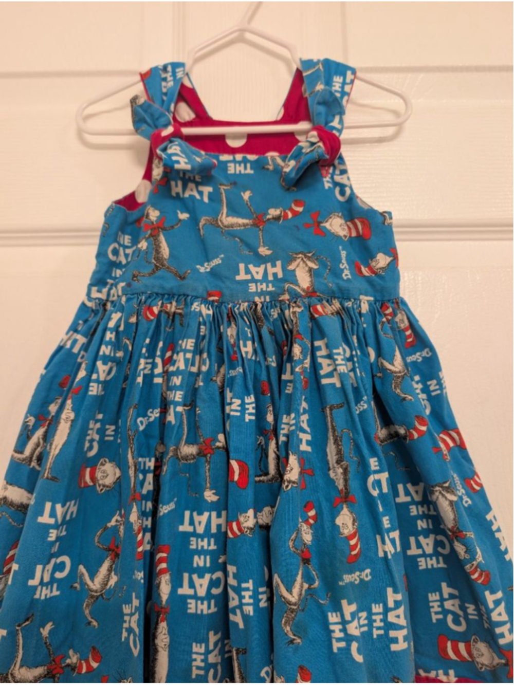 Dr Seuss The Cat in the Hat Dress Girls Size 3T 4T Blue Pink Polka Dot Bows - Picture 2 of 8